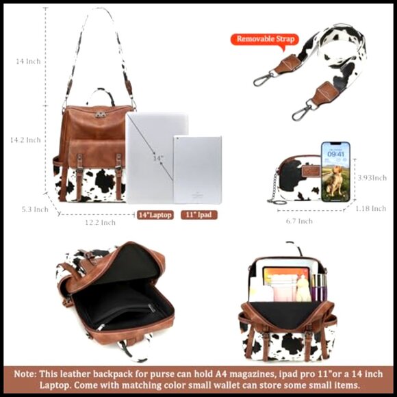 PU Leather Backpack Purse for Women, Laptop Compatible, 10 Pockets, Convertible main image 4
